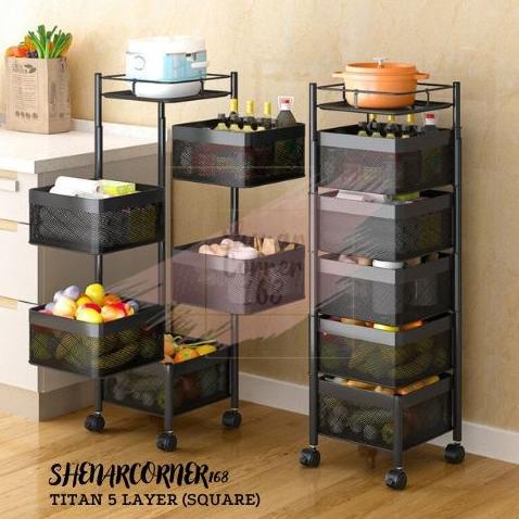 SHENAR RAK DAPUR BESI 5 SUSUN MODEL KOTAK RAK TROLI SALON SUSUN PUTAR