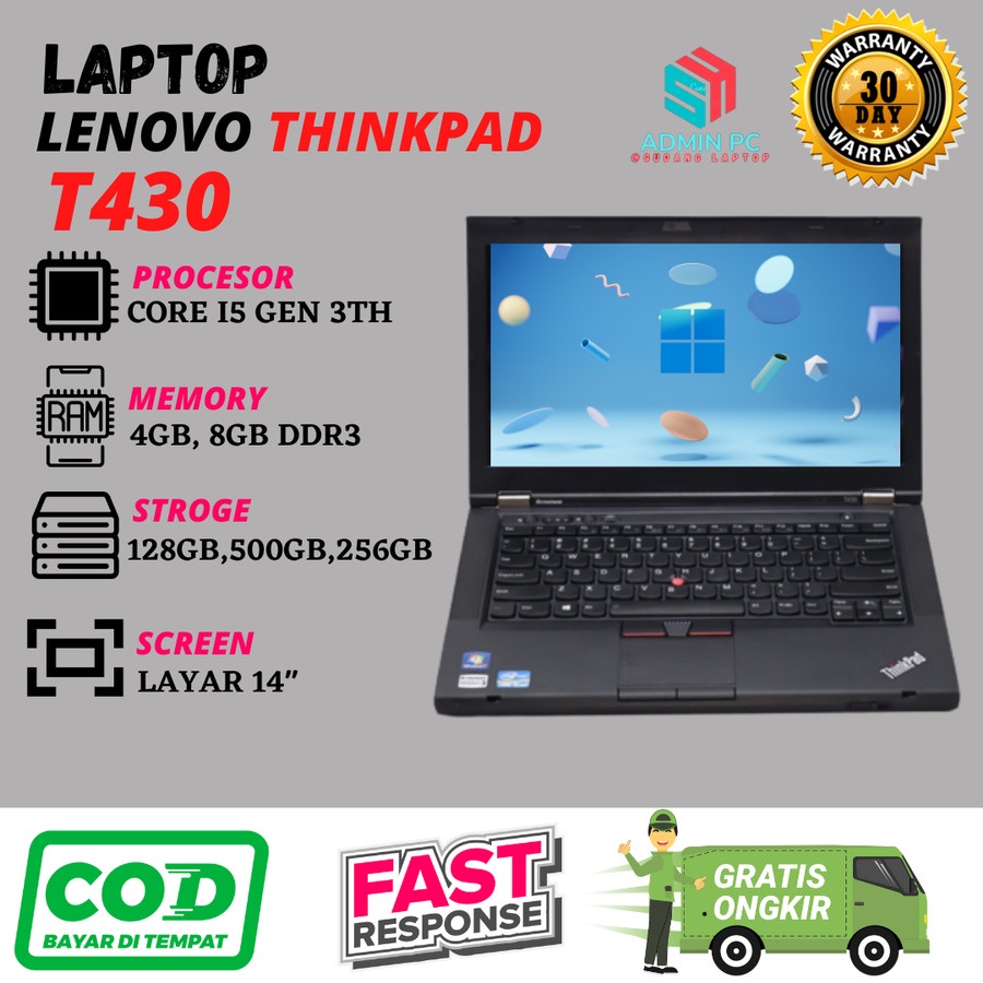 lenovo thinkpad t430 core i5 gen 3 ram 8gb ssd 128gb