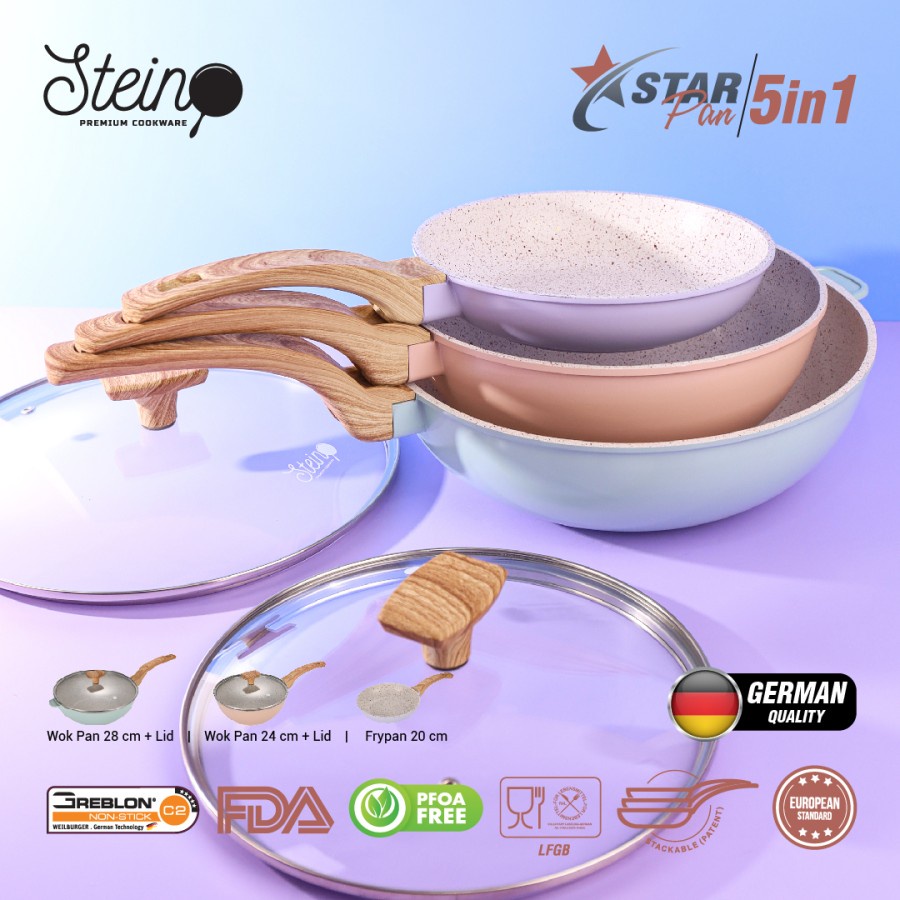 Panci Set Steincookware StarPan 5in1 Wok Frypan Star Tutup Kaca Stein Frypan Wok Stein Lid Wood Handle