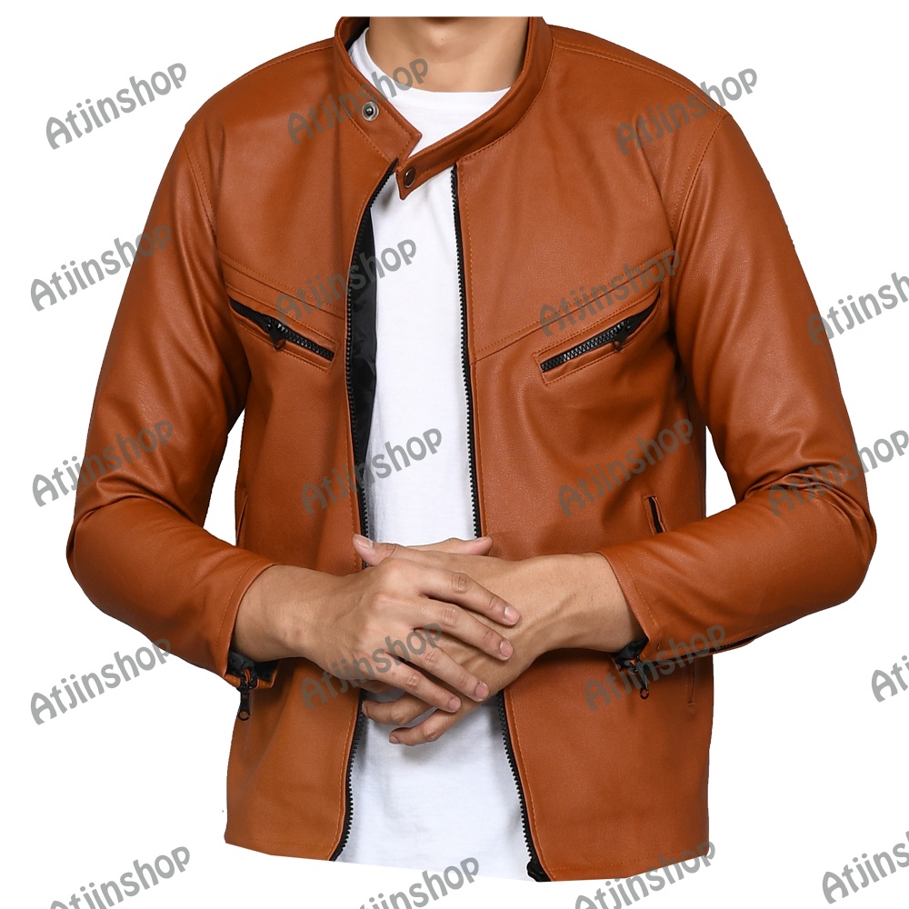 Jaket kulit Motor Pria Model Racing Bahan Ferrari [ Full Black dan Full Brown]