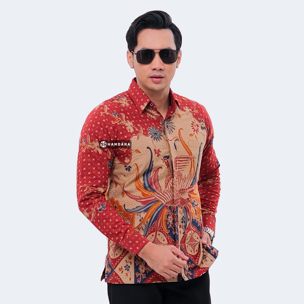 Handara Batik Pria Lengan Panjang Slim Fit Premium Kawung Wajik Merah HB-318