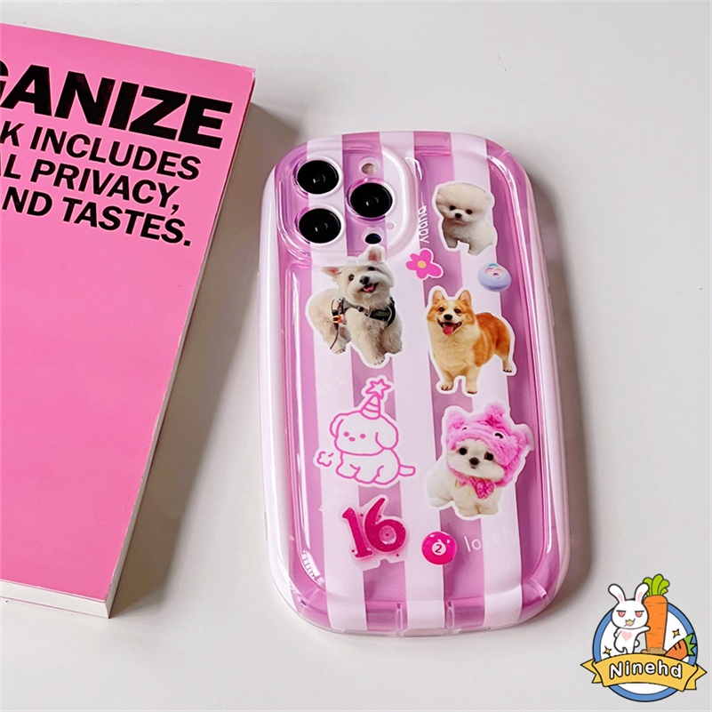 IPHONE Casing Kompatibel Untuk Iphone14 13 12 11 Pro Max X Xr Xs Max8 7 6 6s Plus SE 2020 Ins Cute Dog Pink Stripe Phone Case Silikon Transparan Shockproof Soft Case Cover Pelindung