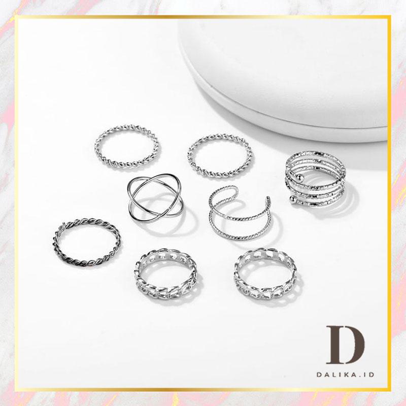 Cincin Fashion Wanita 8 pcs/set Spiral Rantai Model Terbuka Adjustable