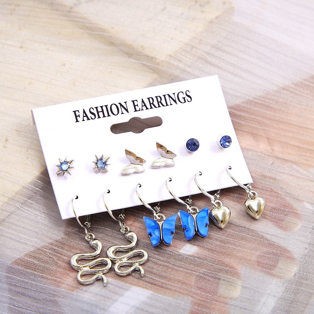 6 Pcs/Set Fashion Biru Kupu-Kupu Anting Set Untuk Wanita Individu Hati Ular Anting Perhiasan Aksesoris Pesta