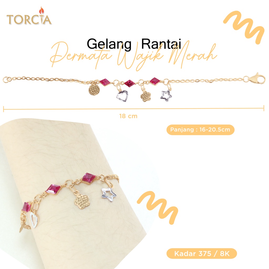 Gelang Rantai Emas Asli Permata Wajik Merah Kadar 375 Torcia