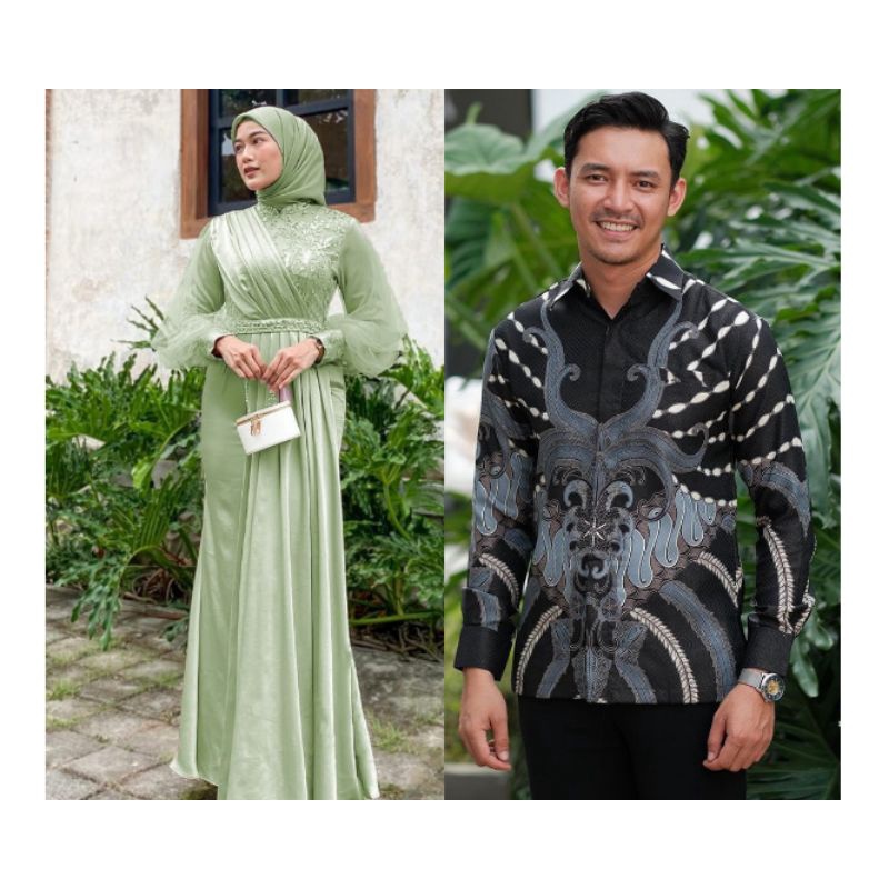 BATIK EXPRESS - Baju Couple Pasangan Gamis Aldira Brukat Tulle Mutiara Couple Dress Kondangan Lamaran Baju Couple Lebaran Adeeva Maxi Dress Modern