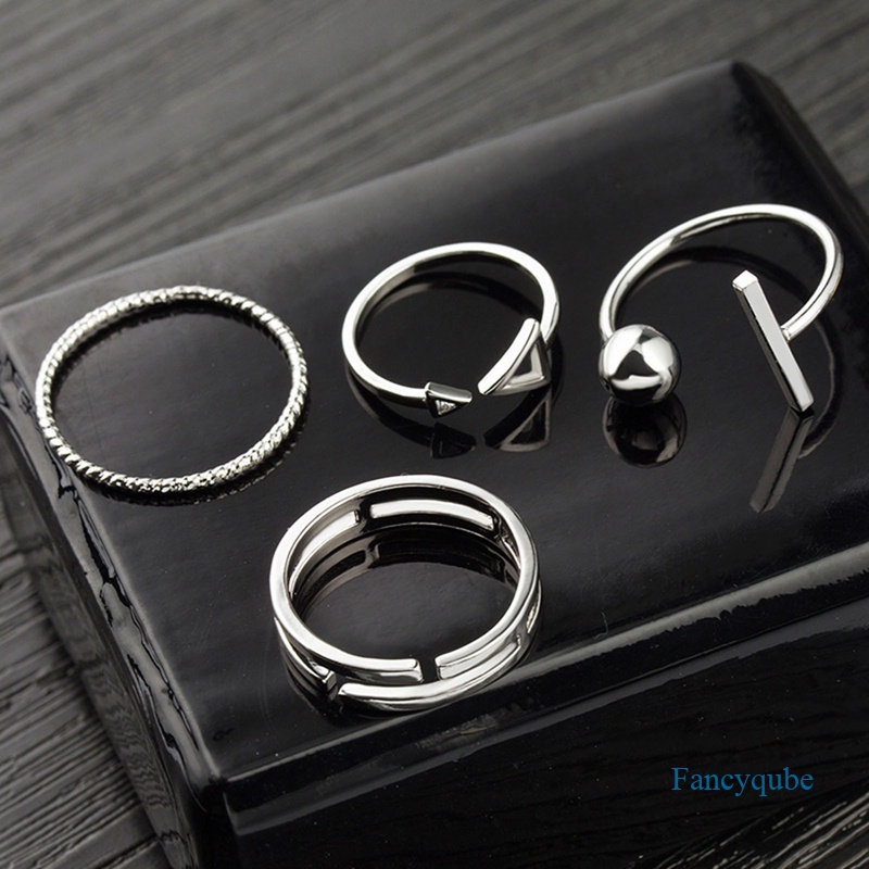 4pcs/set Cincin Gaya Korea Simple Joker Metal Finger Ring Adjustable Warna Silver Untuk Wanita Gift Ring