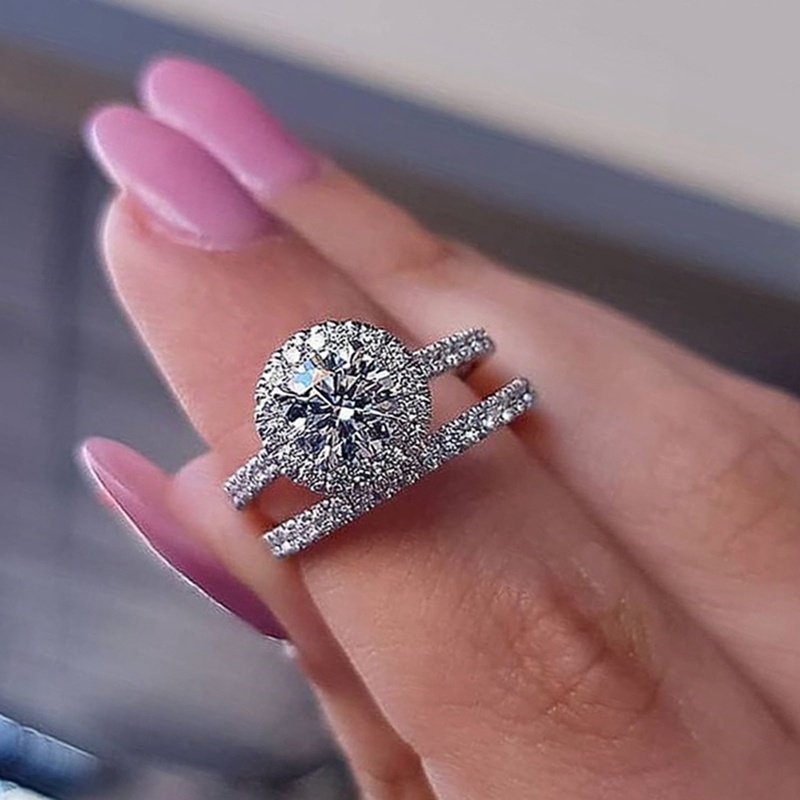 2pcs/set Brilliant Cubic Zirconia Bridal Female Rings Desain Berbentuk Bulat Fashion Perhiasan Band Pernikahan Serbaguna Untuk Wanita