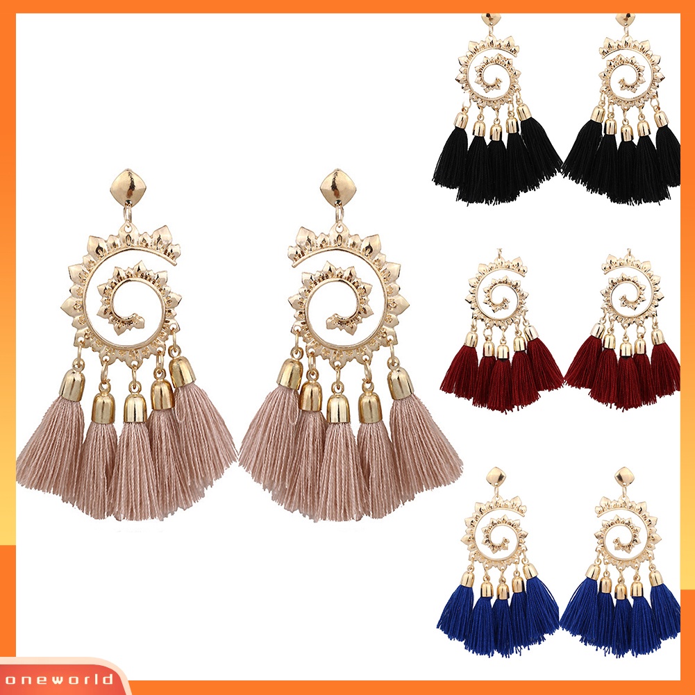 {oneworld} Bohemian Wanita Spiral Liontin Benang Rumbai Menjuntai Drop Anting Perhiasan Hadiah