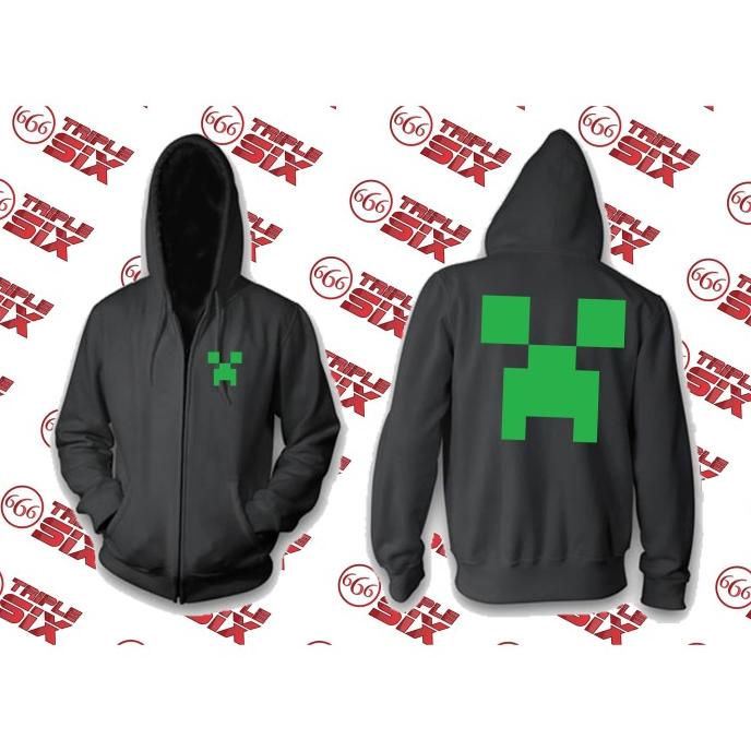 Jacket Minecraft Creeper Logo Gamer Sweater Hoodie Pria Bahan Fleece Sablon Polyflex Zipper Resletin