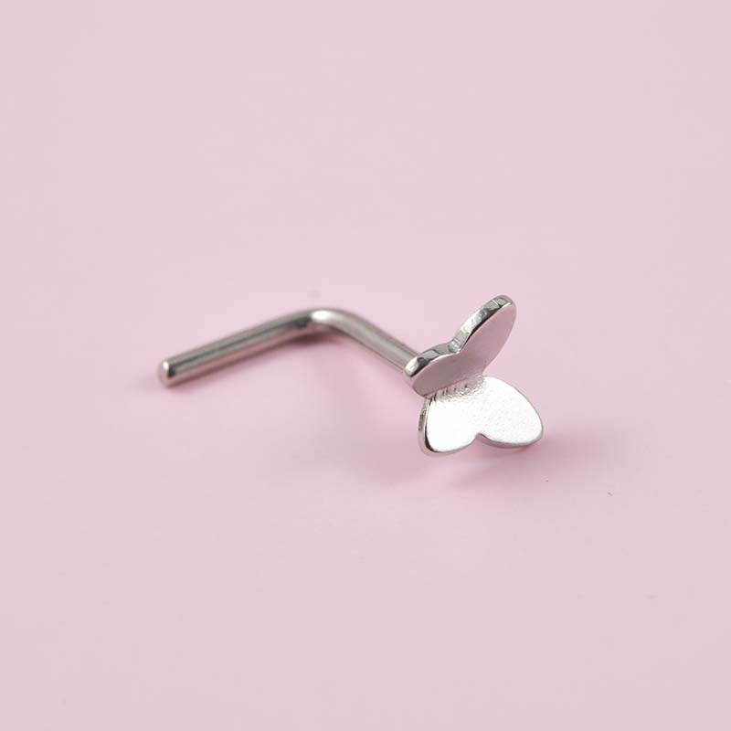 1biji Stud Hidung Bentuk Kupu-Kupu 20Gauge Piercing Stainless Steel Warna Silver Stud Bentuk L