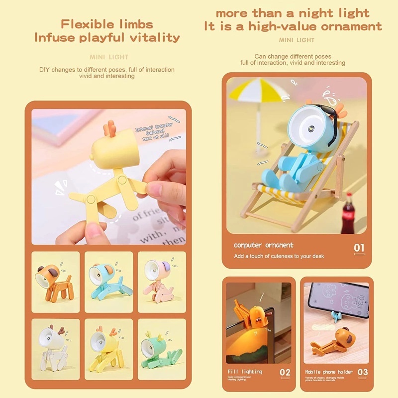 Siswa Anak Lampu Baca Mini Lucu Hewan Peliharaan Lampu Malam Perawatan Mata Bertenaga Baterai Lampu Samping Tempat Tidur Serbaguna Berbentuk Rusa Lampu Meja Kamar Tidur Desktop Lampu Hias LED