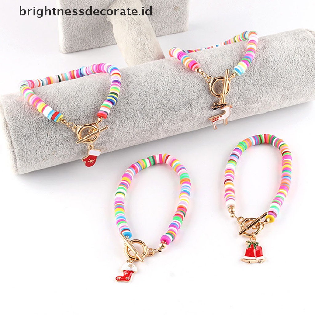 [Birth] Natal Warna-Warni Datar Putaran Clay Beads Longgar Gelang Polimer Xmas Rusa Kaus Kaki Independen Gelang Xmas Pesta Jewely Hadiah [ID]