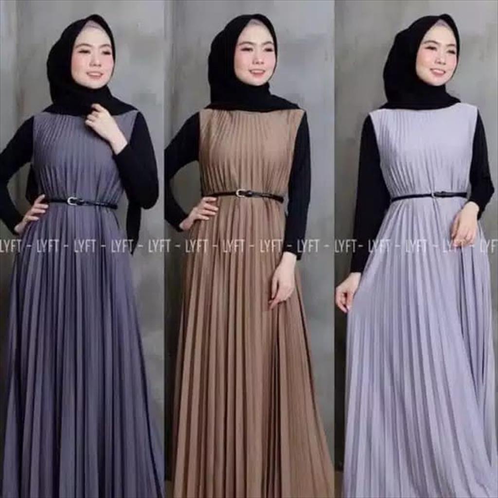 OTS 100 - Gamis Muslim Plisket Kutung Bahan Hyget Long Dress Plisket Tanpa Lengan