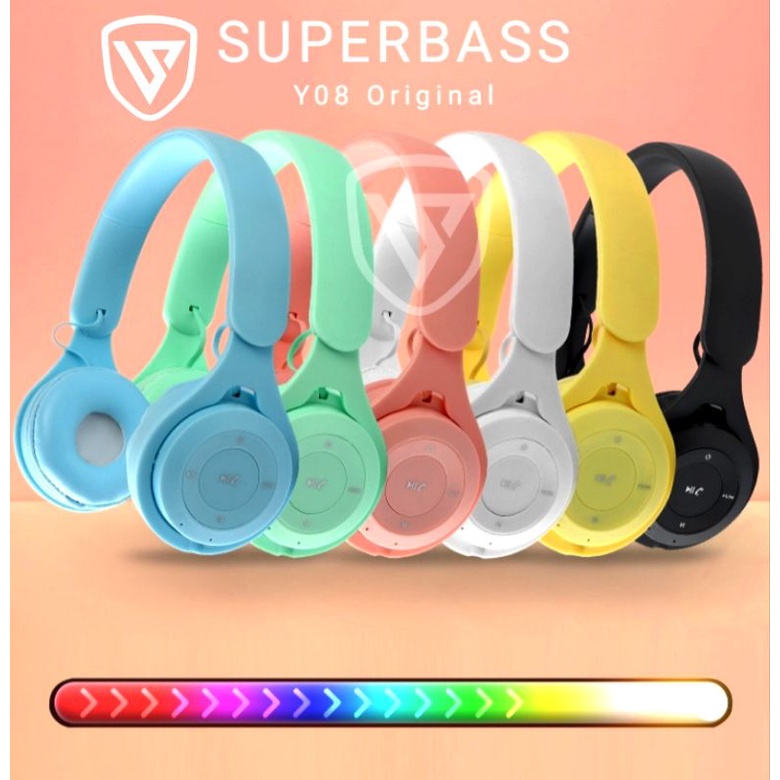 Headset Bluetooth Bando Macaron  Y08 Headphone Super Bass Stereo Wireless Original