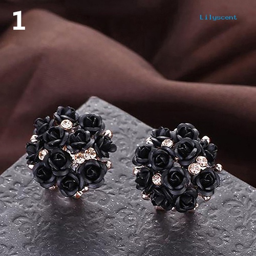 [LS] Wanita Fashion Elegan Hias Berlian Imitasi Mekar Bunga Mawar Telinga Studs Earrings