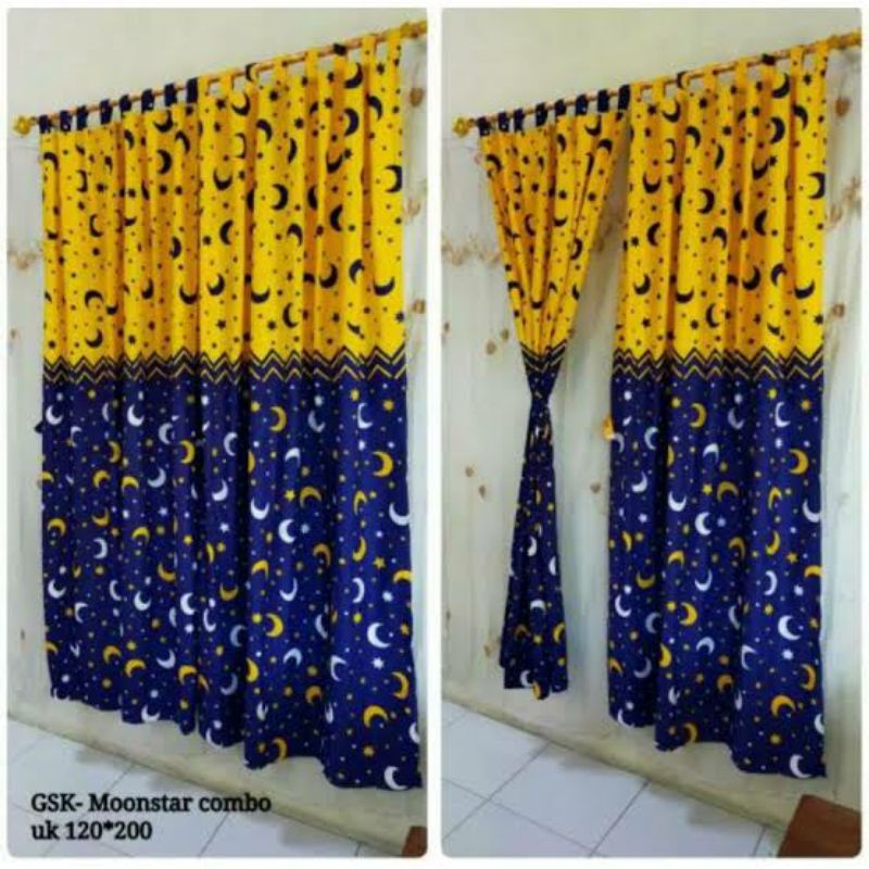 Gorden tali perekat moonstar / gorden homemade bulan bintang kuning biru navy / gorden serut pintu m