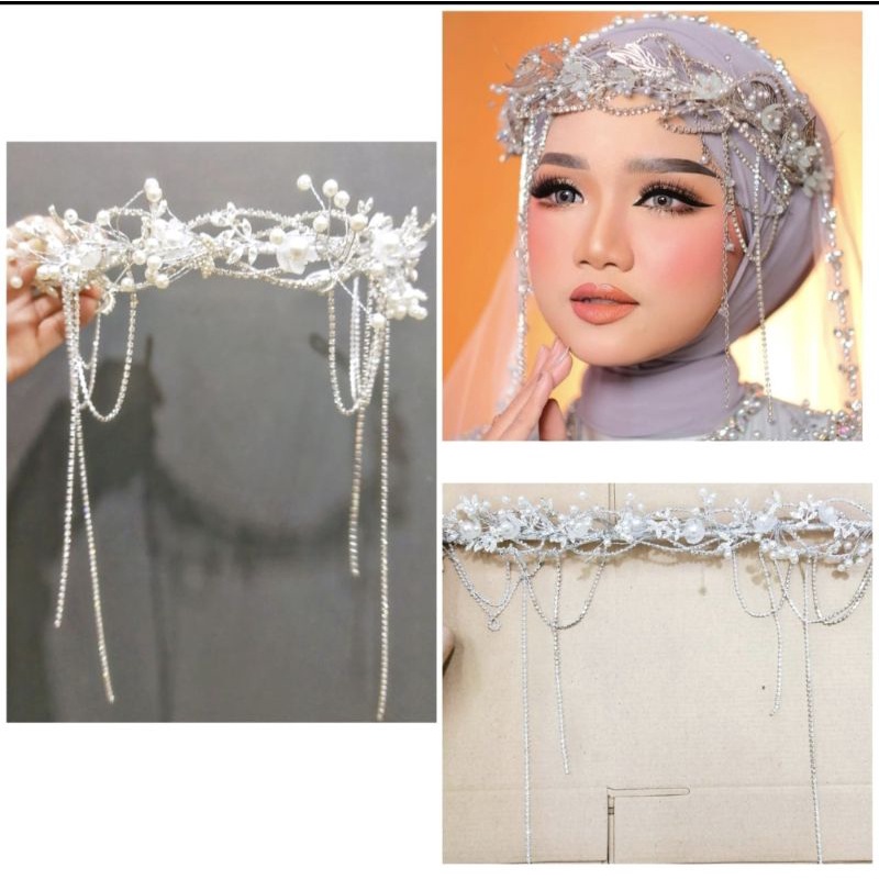 Jual headpiece viral hiasan dahi/kening kawat lentur mutiara crown