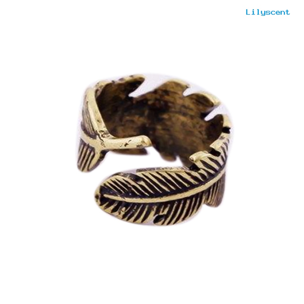 [LS] Cincin Terbuka Etsa Daun Bulu Adjustable Bronze Antik Unisex Opening Ring Jewelry Untuk Pesta