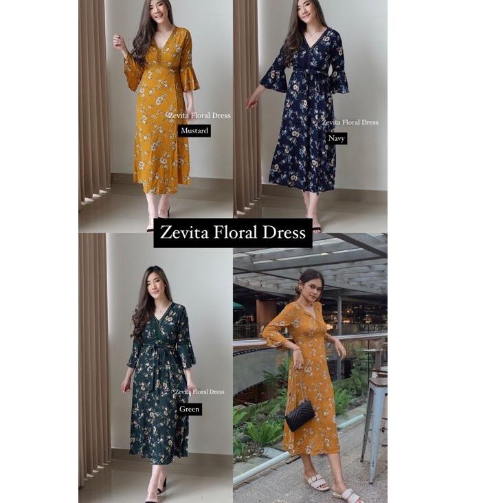 LSL.29Ja23ᵂ • D0332 ZEVITA KOREAN FLORAL VINTAGE MIDI DRESS PANTAI LENGAN PANJANG BALI MUSIM PANAS S