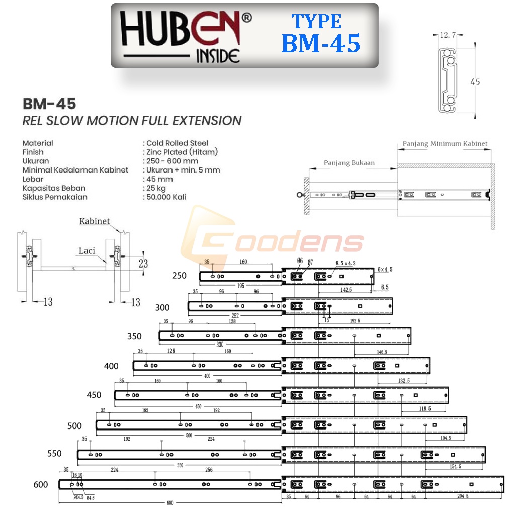 Huben BM-45 45cm Rel Laci Slow Motion Full Extension Double Track