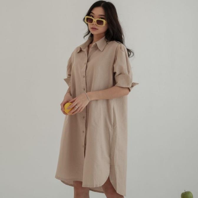 PYO Dress Kemeja Basic Korea Casual Wanita Midi Shirt Dress Simple