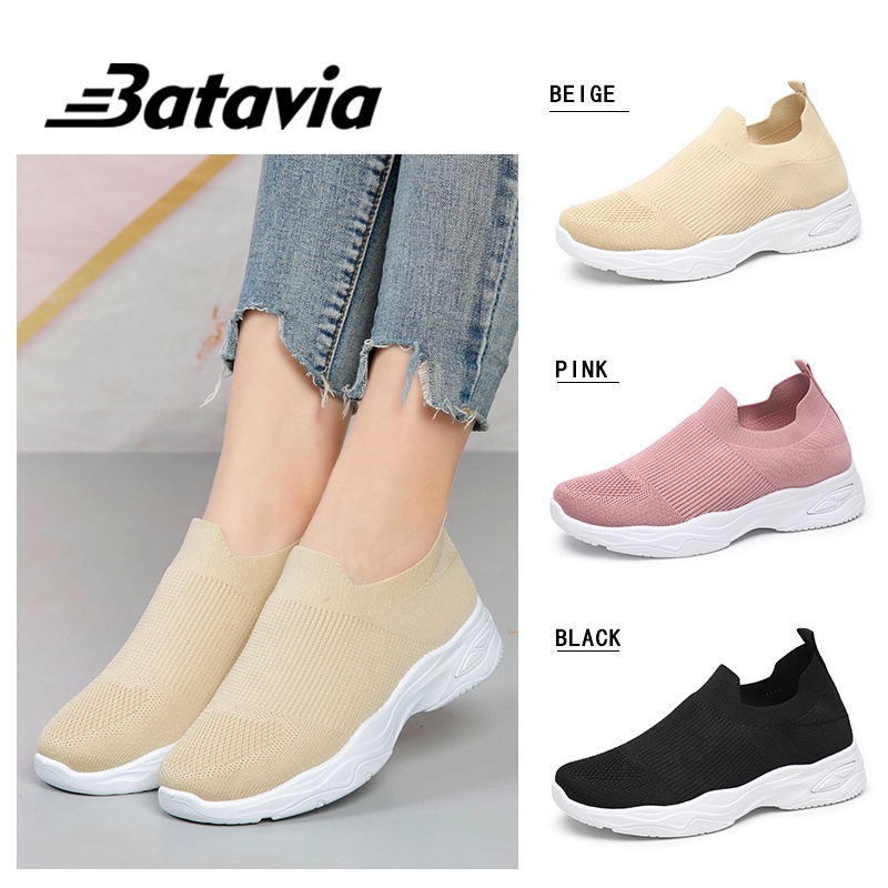 Batavia Sepatu olahraga wanita baru, sepatu ibu bernapas anyaman terbang, sepatu kasual bersol lembut modis, sepatu lari yang nyaman dan tahan aus, sepatu sekolah wanita, sepatu hitam D5 BLACK PINK KHAKI