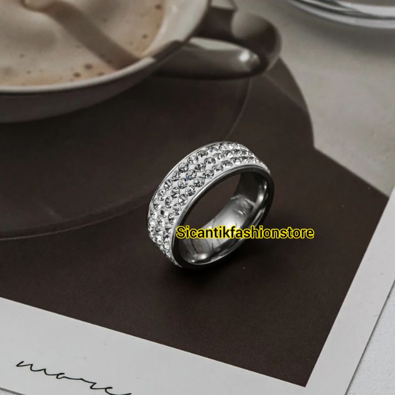 Cincin Titanium Silver Full Permata Fashion Wanita Terlaris Anti Karat Selamanya Cincin Wanita Korea