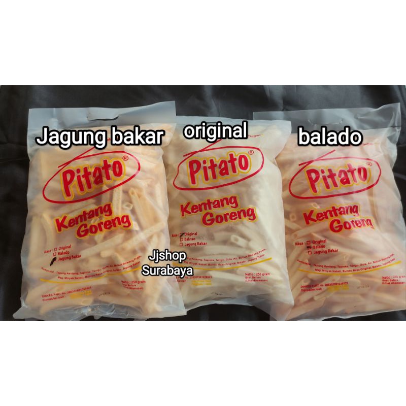 Pitato, Mecroni 250gr, Otaro, Okrez snack kentang mirip Frexxch fries, Pitato stik balado, corn snack