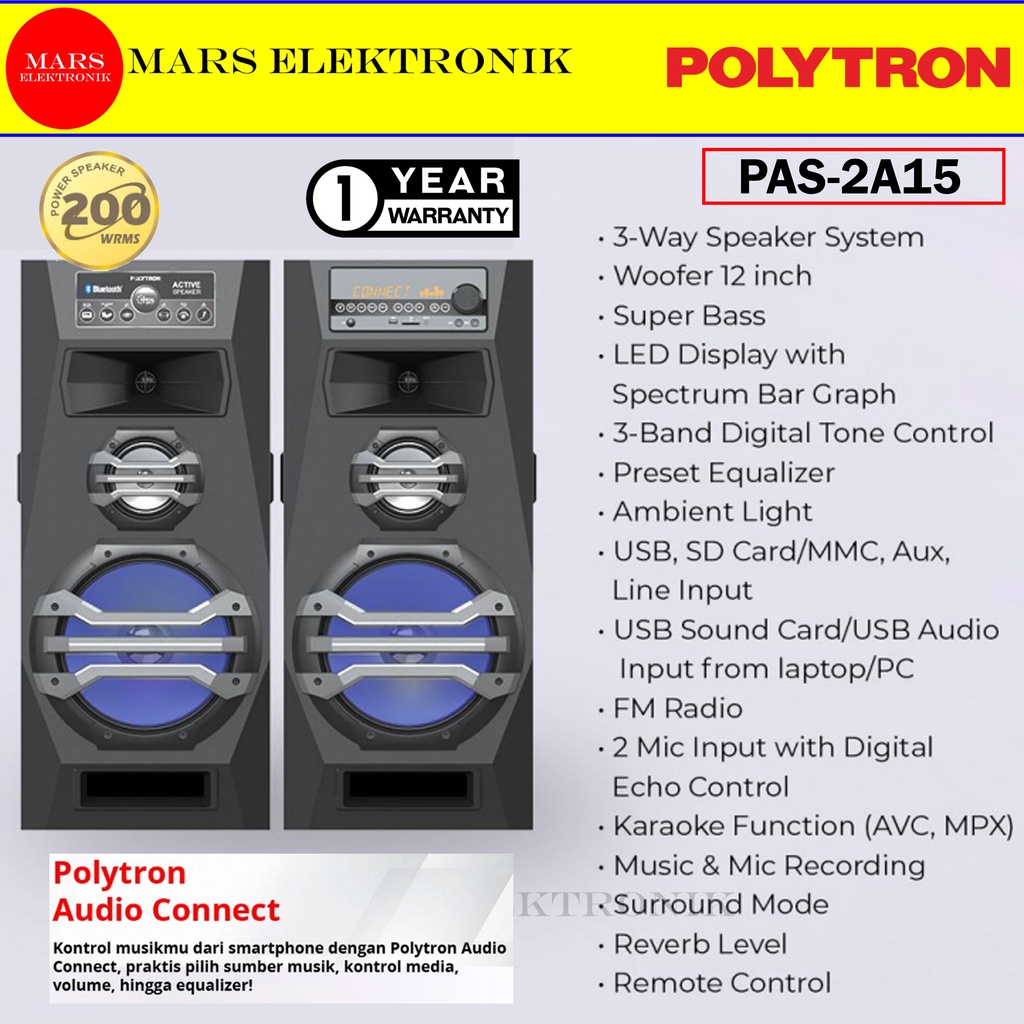 SPEAKER POLYTRON PAS-2A15 / PAS2AF15 - DOUBLE WOOFER 12 INCHI  - BLUETOOTH PAS 2A15 / PAS 2AF15