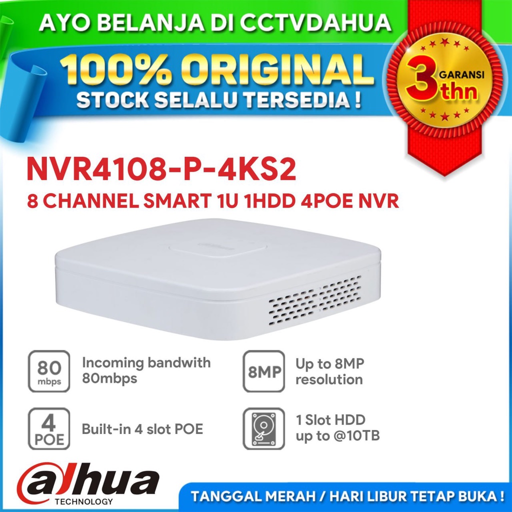DAHUA NVR4108-P-4KS2 8ch Smart 1U 4PoE 4K&amp;H.265 GARANSI RESMI 3 TAHUN