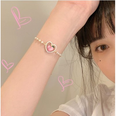 【Bayar di tempat】Gelang Tangan Rantai Wanita Desain Hati Hollow Hias Mutiara Warna Pink Peach Gaya Korea