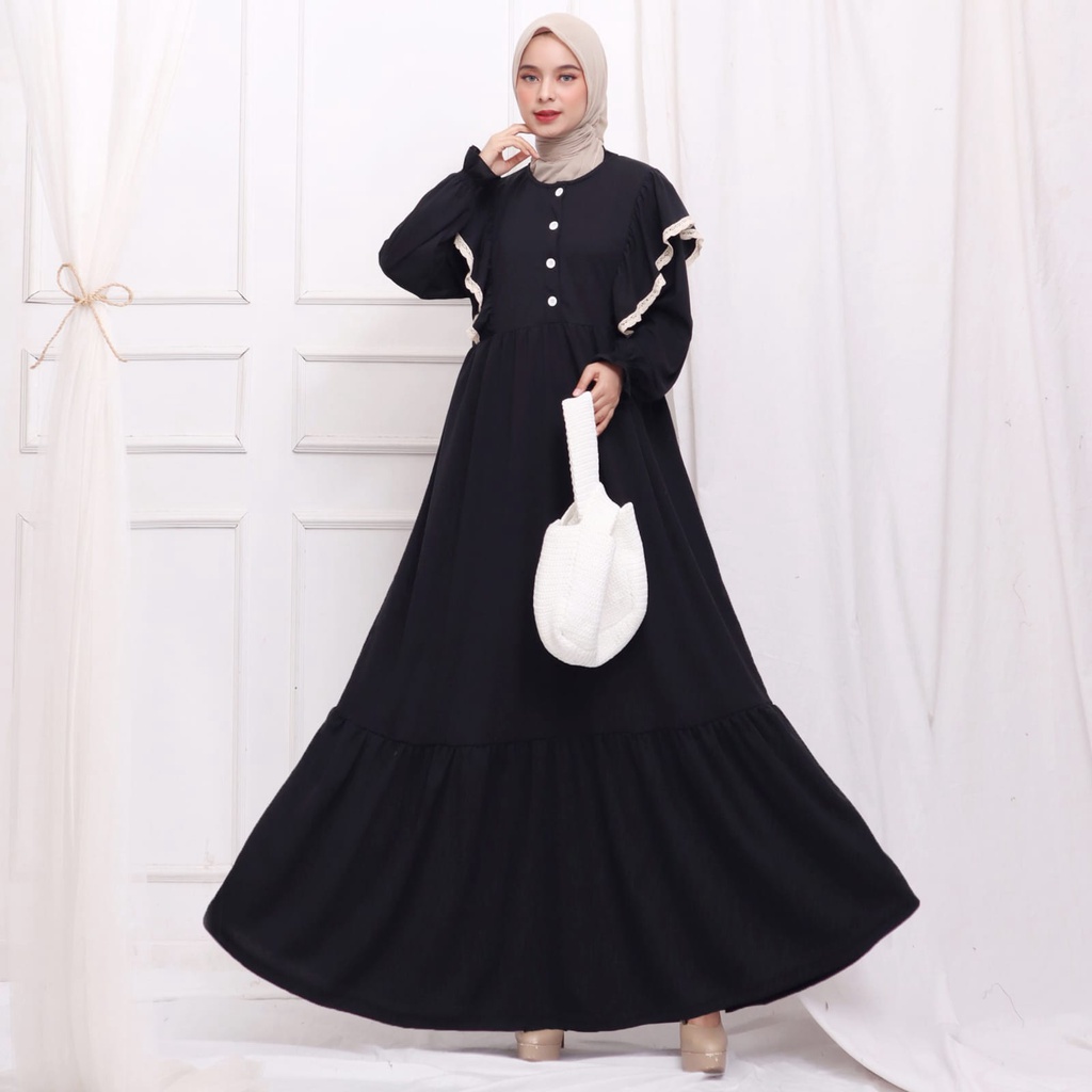 Gamis busui kancing ruffle dada renda rempel 2 susun lengan smoked bahan voxy premium merk hf (163)