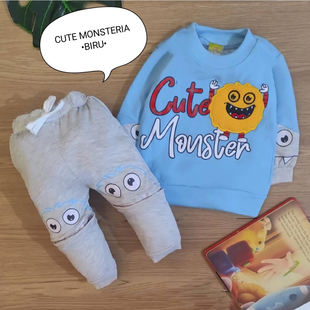 Setelan Baju Anak Bayi Laki-Laki Atasan Dan Celana Panjang Motif Cute Monsteria Estimasi Usia 6 Bulan-4 Tahun