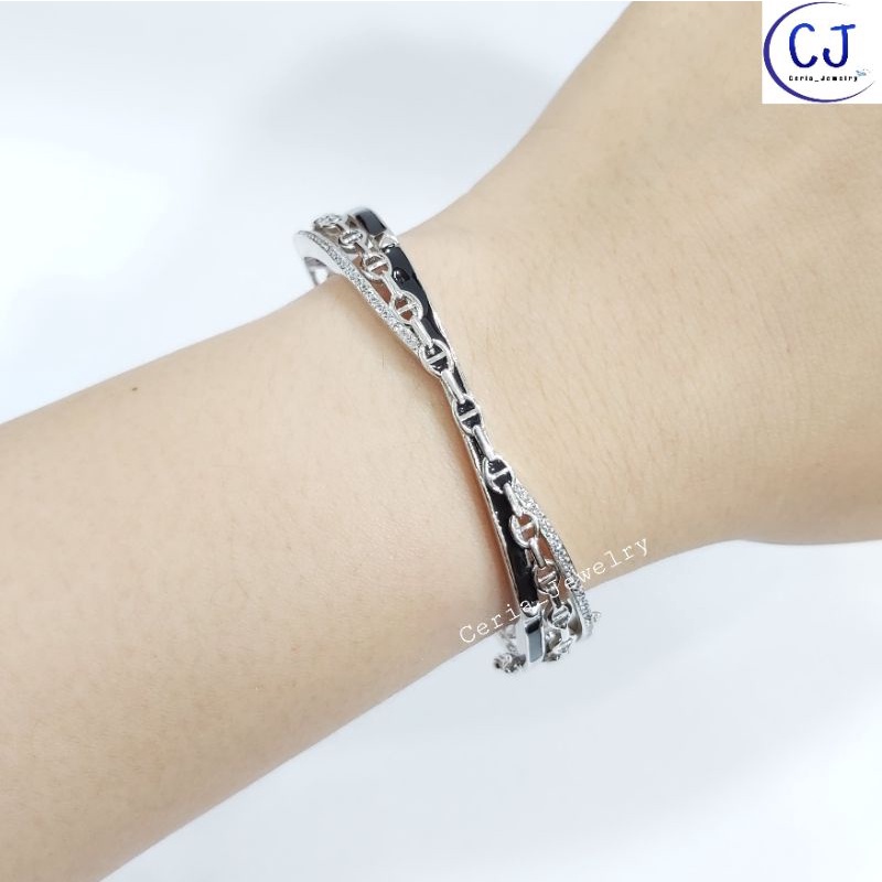 Gelang Perak Asli Silver Wanita 925 Lapis Emas Putih Model Bangle Oval Chartir - Perhiasan Perak