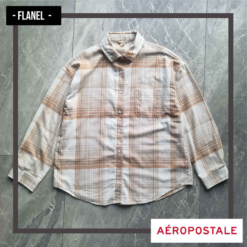 Kemeja Pria AEROPOSTALE Flanel Panjang Putih Emas Kotak ORIGINAL