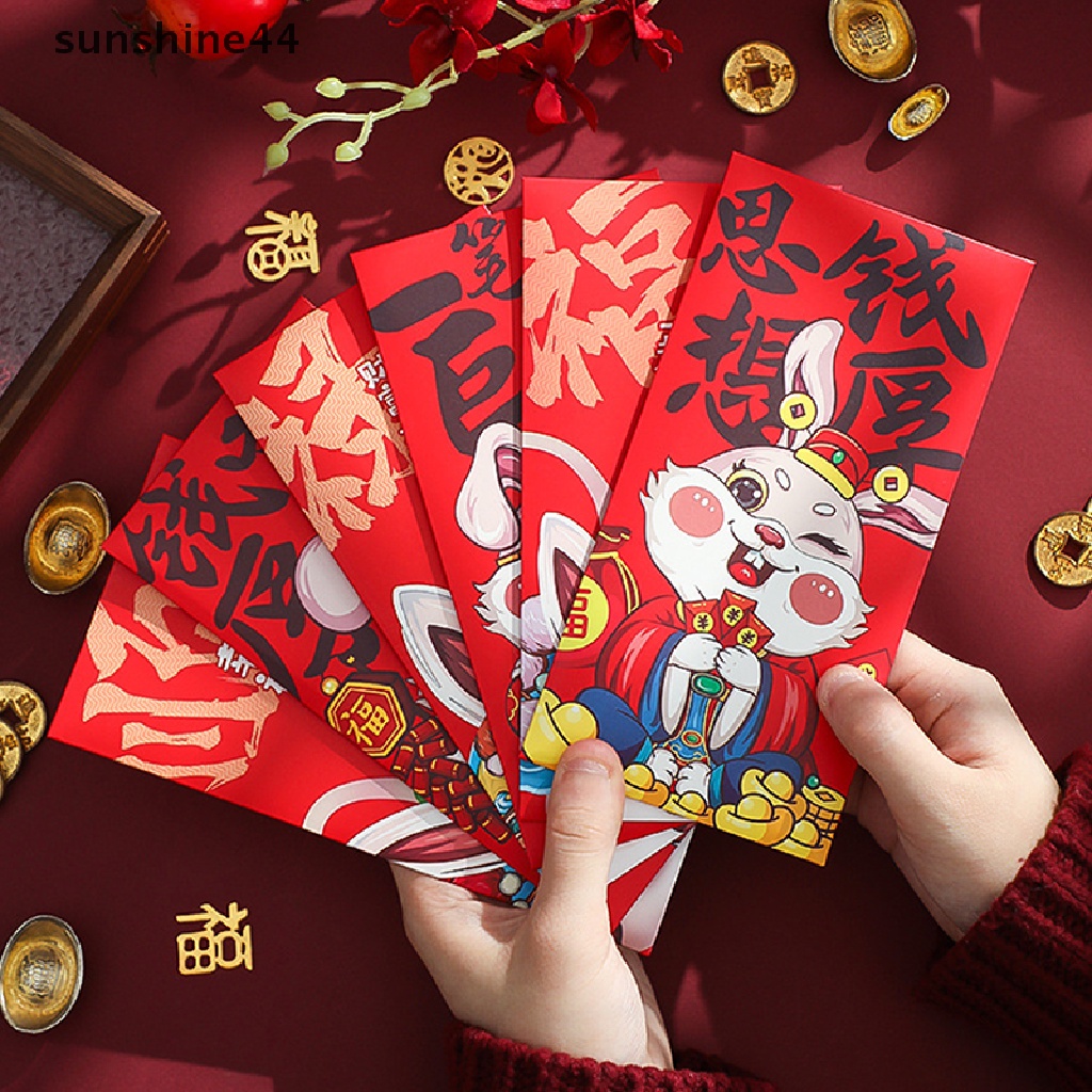 Sunshine 6pcs 2023tahun Kelinci Cina Amplop Merah Kartun Anak Hadiah Uang Packing Bag Lucky Red Packets Bag.