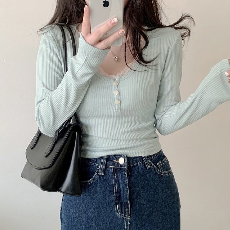 Red Amyway girly milky blue lace stitching round neck button T-shirt Atasan ramping lengan panjang yang simpel dan serbaguna