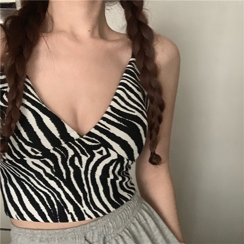 TJM BJ366 Tank Top Crop Motif Garis Wanita Tanktop Printed Zebra Korean Fashion