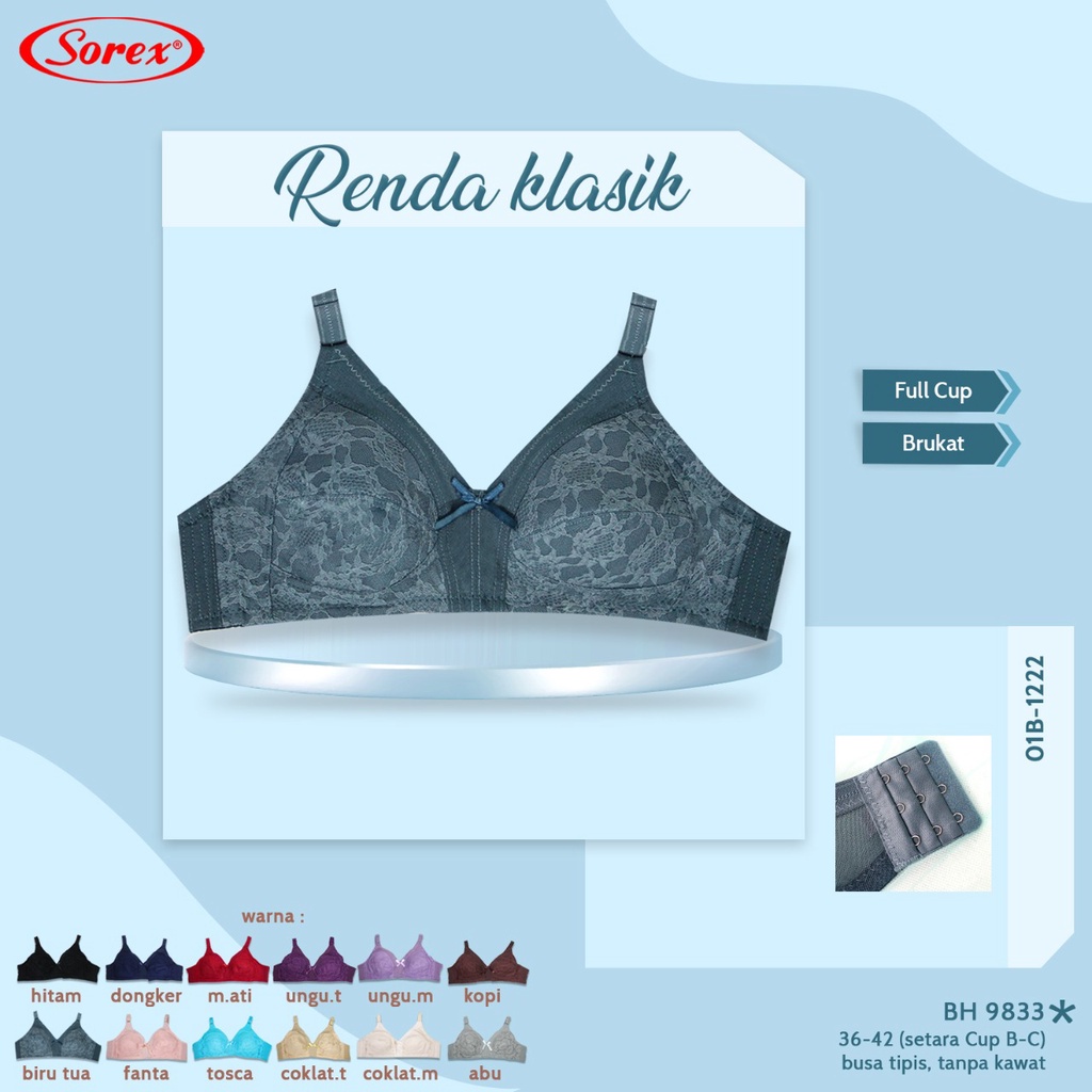 Sorex BH Wanita Busa Tipis Tanpa Kawat Kait 3 Setara Cup B-C Full Cup Brukat Harian Bra 9833 - 1 pcs