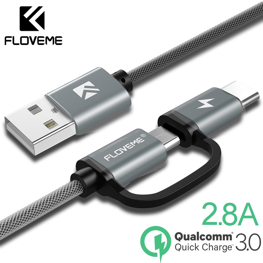 Floveme Kabel Charger 2 in 1 Micro USB + USB Type C QC3.0 2.8 A 100 cm - D38121