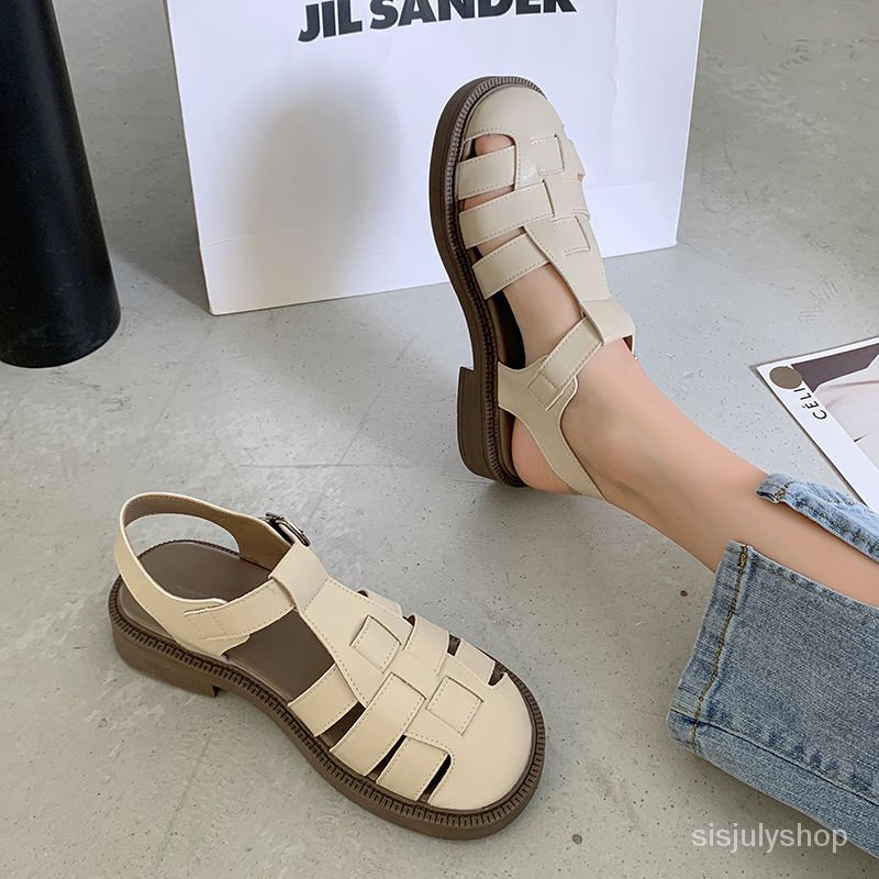 #Sisjuly# Sandal kepala tas wanita sandal baru sepatu piggyback sepatu datar wanita anyaman sepatu r