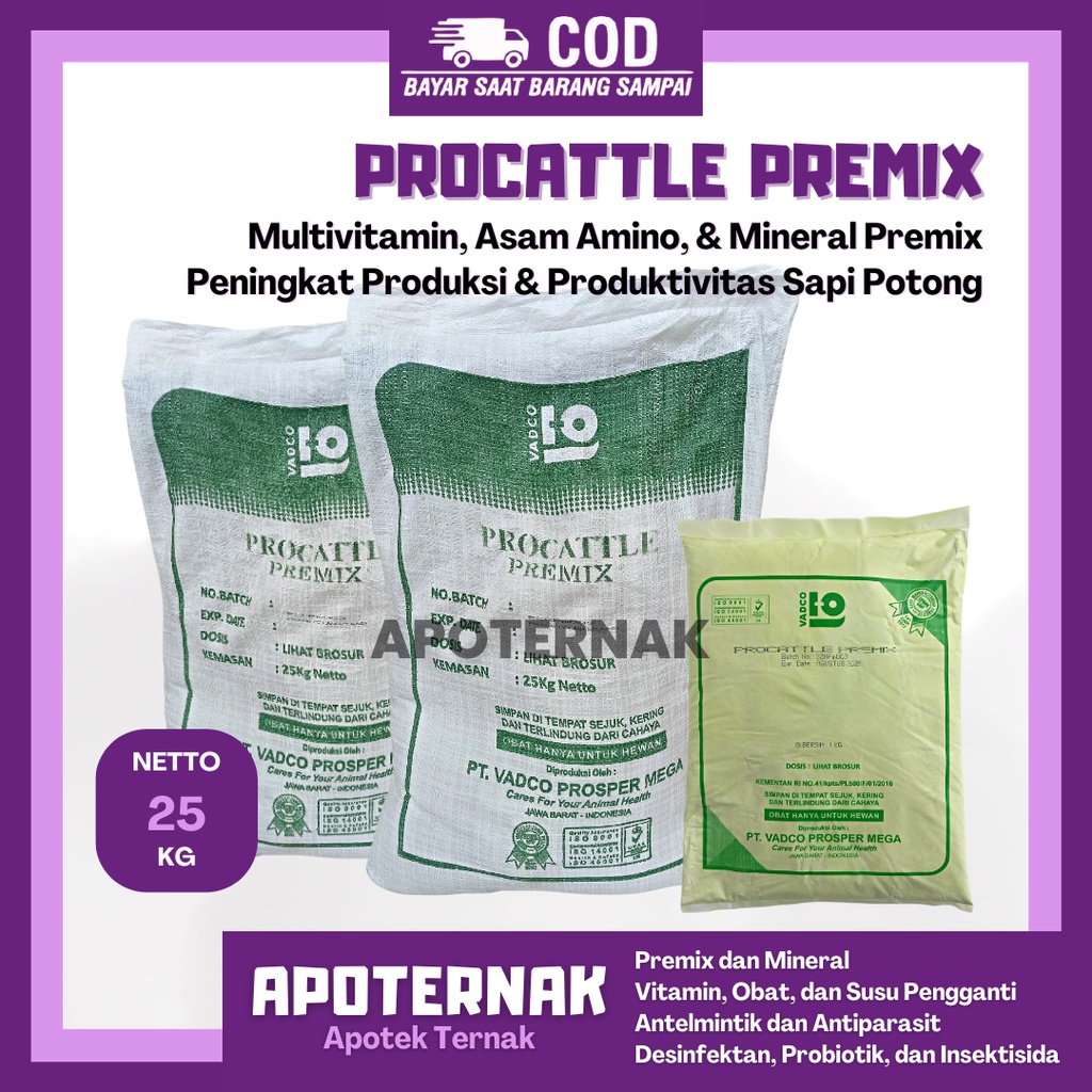 PROCATTLE PREMIX 25 kg | Meningkatkan Produksi dan Produktivitas Sapi Potong | Multivitamin, Asam Amino, Mineral | VADCO