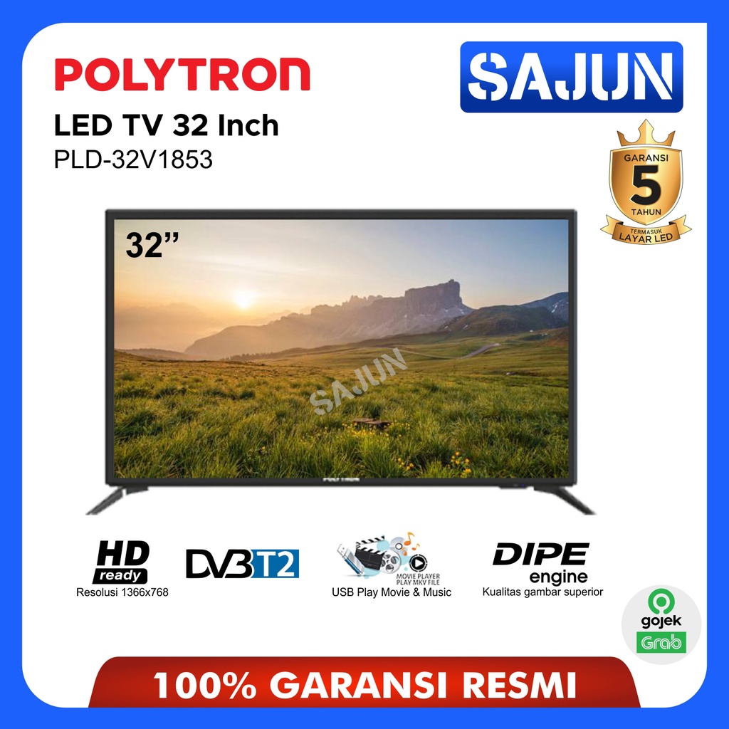 Polytron PLD32V1853 LED Digital TV 32 Inch PLD-32V1853 Free Packing Kayu