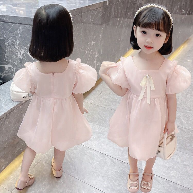 Dress Anak Perempuan Fahion Import - Satin Pink Pita Mutiara Lengan Balon
