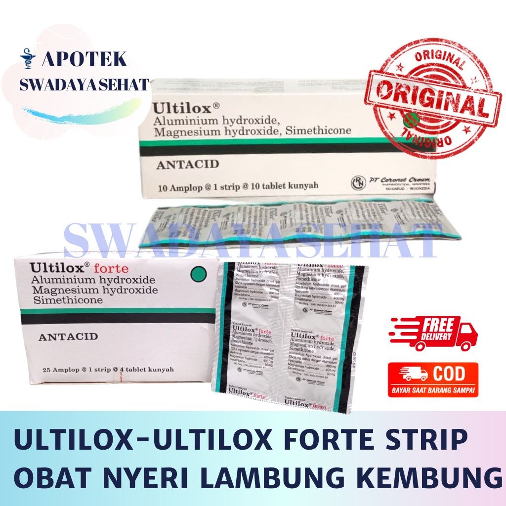 ULTILOX Strip 10 Tablet - ULTILOX FORTE Strip 4 Tablet Kunyah - Antasida Obat Lambung Nyeri Perut Kembung Asam Sirup