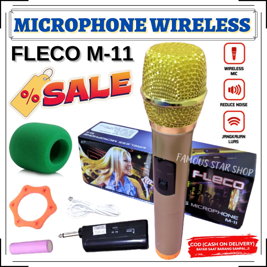 Mic Profesional Microphone Wireless Tanpa Kabel Merek Fleco type M11 - Free Busa /Sarung Mic | Microphone FLECO M-11 Mic wireless Mic Karaoke Single Tanpa Kabel | FMS
