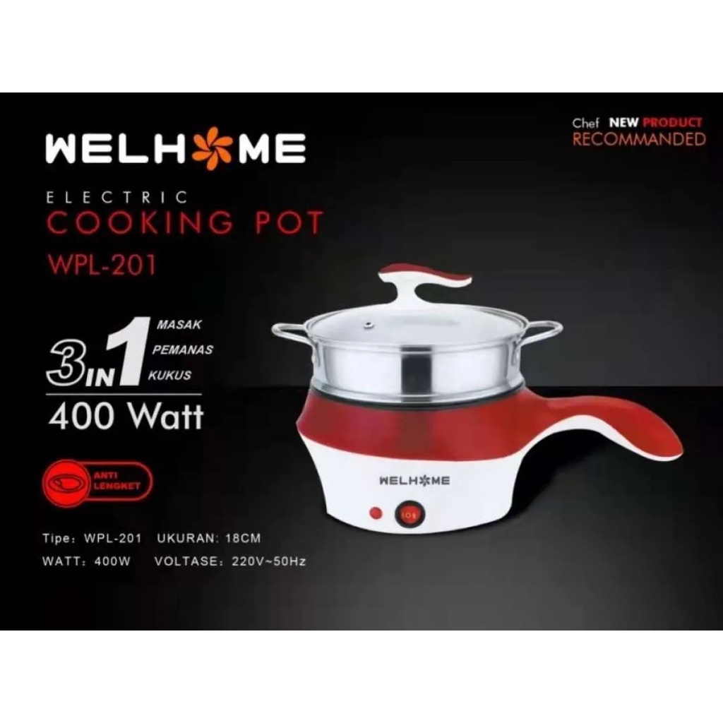 Panci Listrik Serbaguna Welhome 201 Warmer Steamer Cooker  18CM Garansi Resmi