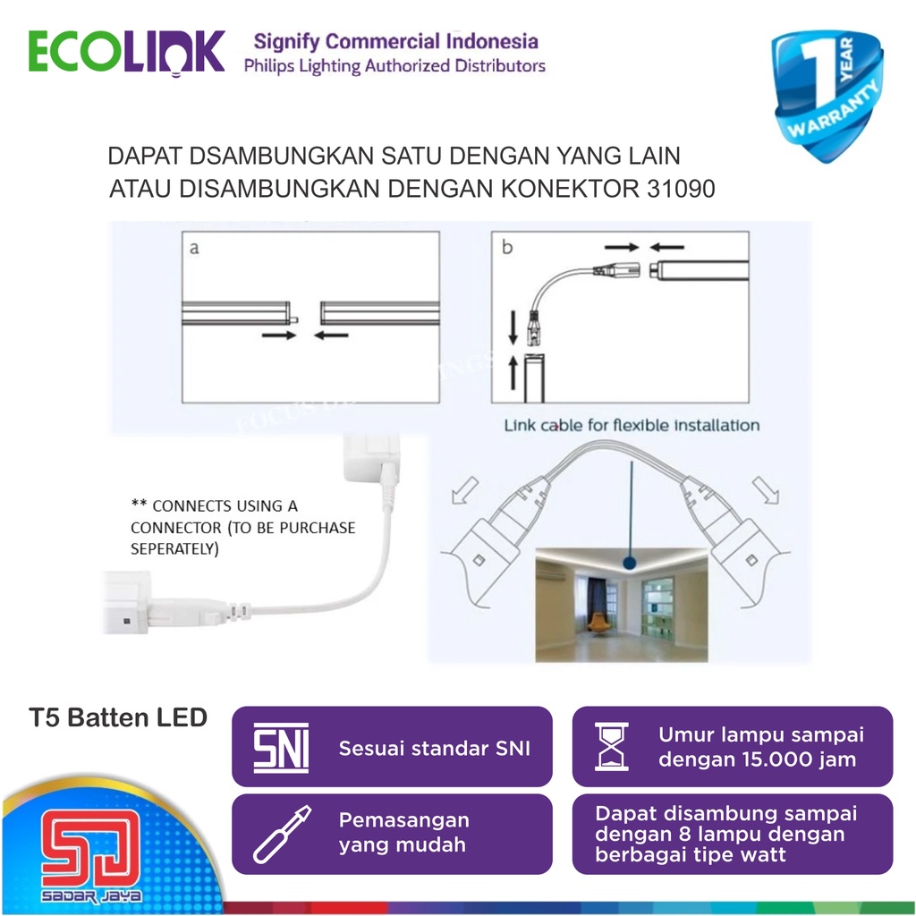 Ecolink T5 Batten 6,5 Watt LED Panjang 9,6 W Lampu Neon 13Watt