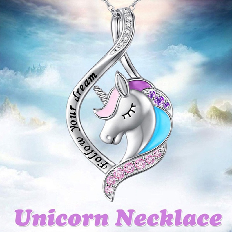 Aksesoris Wanita Lucu Colorful Unicorn Liontin Kalung Kristal Birthstone Kalung Pesta Ulang Tahun Anniversary Hadiah Perhiasan